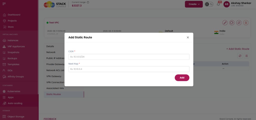Screenshot: CMP — Add Static Route modal