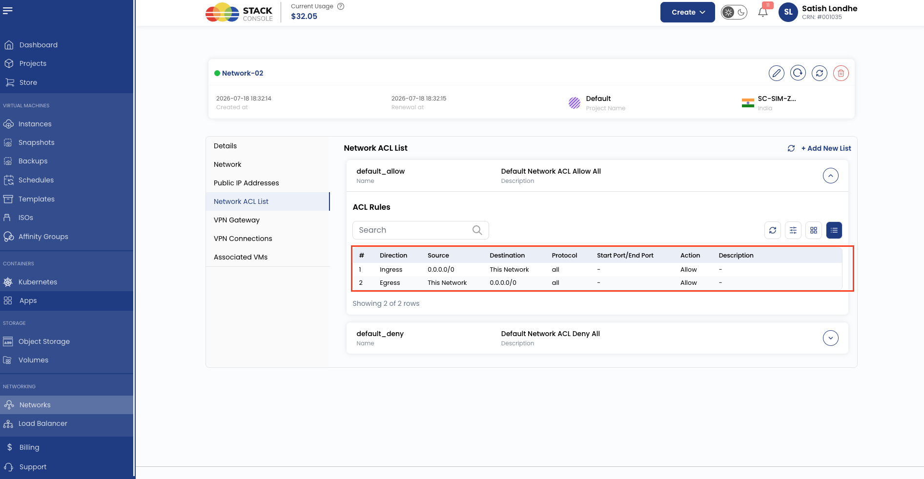 Screenshot: CMP — VPC Network ACL rules