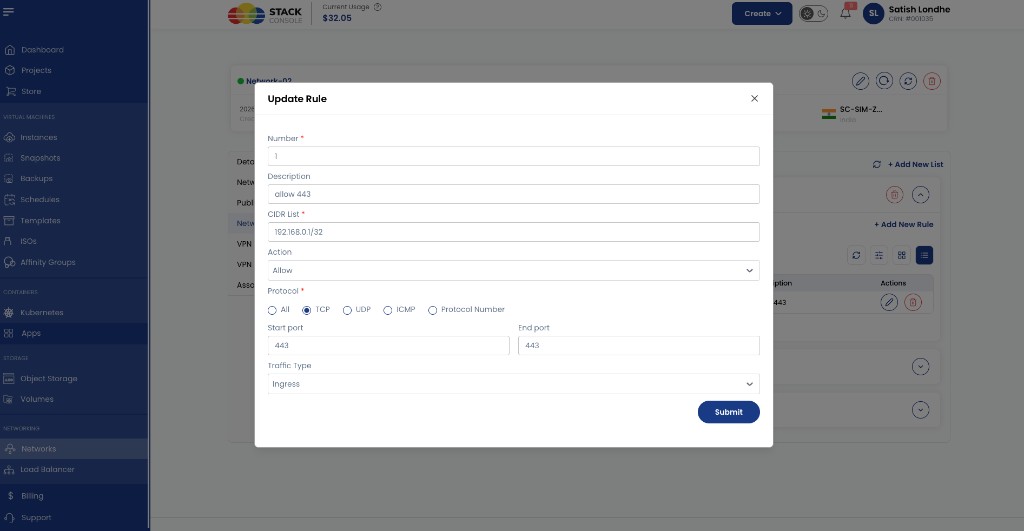 Screenshot: CMP — Update Rule (Network ACL)