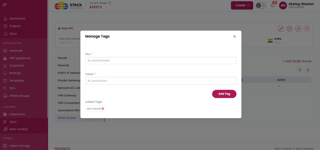 Screenshot: CMP — Manage Tags on a static route