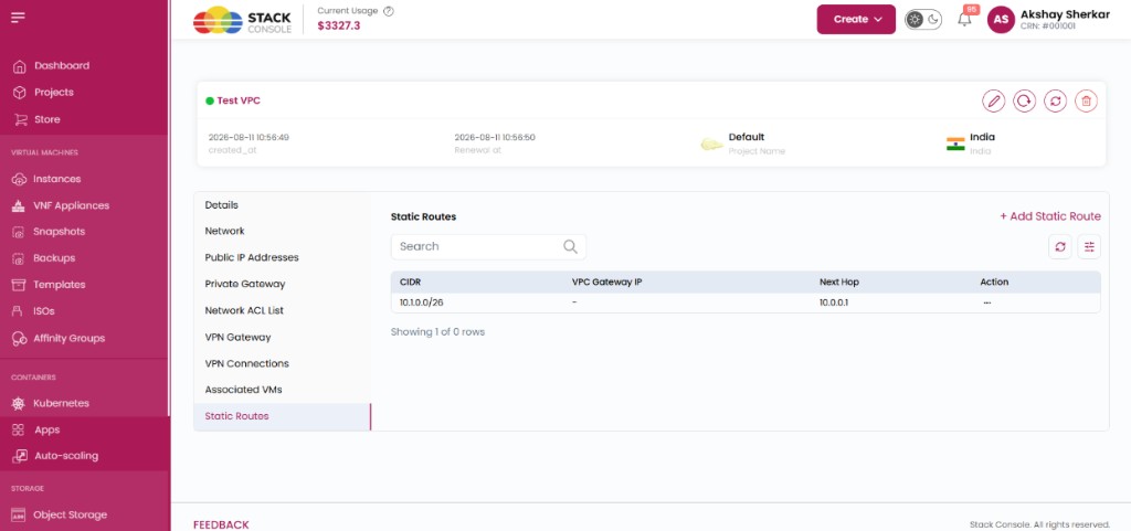Screenshot: CMP — VPC Static Routes list