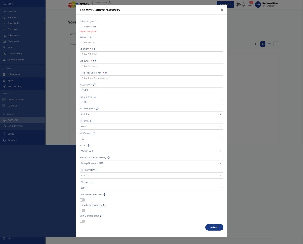 Screenshot: CMP — Add VPN Customer Gateway