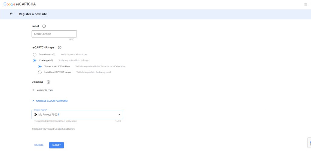Screenshot: Google reCAPTCHA — Register a new site with v2 Checkbox selected