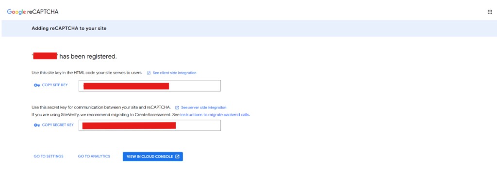 Screenshot: Google reCAPTCHA — Site Key and Secret Key after registration
