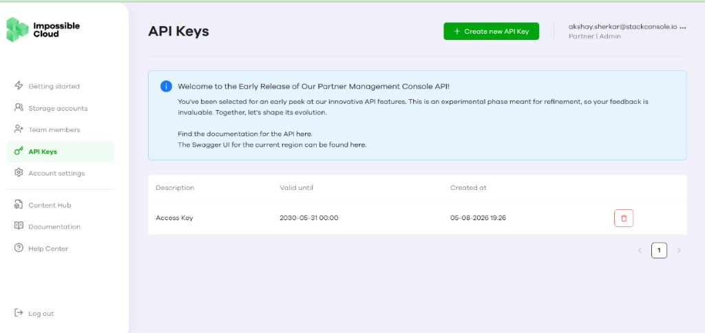 Screenshot: Impossible Cloud Partner Portal — API Keys page