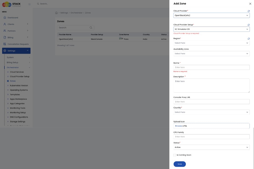 Screenshot: CMP — Add Zone for OpenStack with Region and Availability Zone