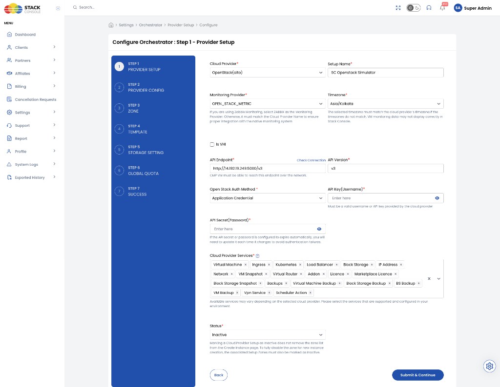 Screenshot: CMP — Configure Orchestrator Step 1 Provider Setup for OpenStack