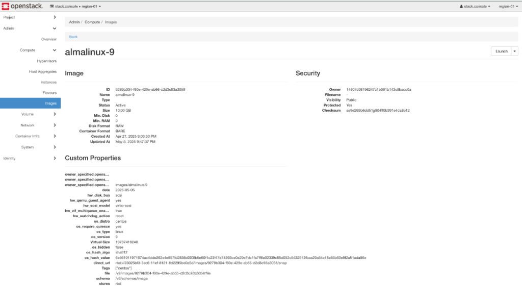 Screenshot: OpenStack Horizon — Glance image overview for almalinux-9