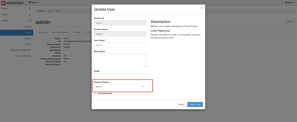 Screenshot: Horizon — Update User with Primary Project set to admin