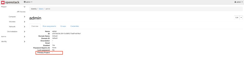 Screenshot: Horizon — admin user Overview with Primary Project empty