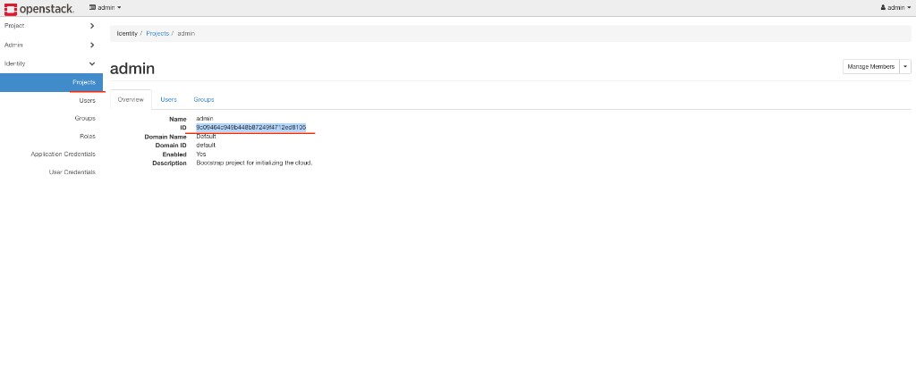 Screenshot: Horizon — admin project Overview with Project ID