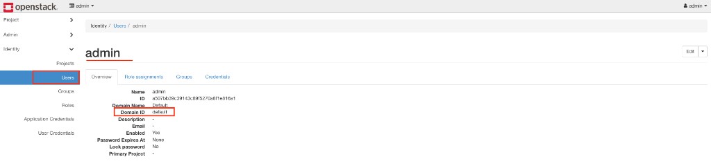 Screenshot: Horizon — admin user Overview showing Domain ID