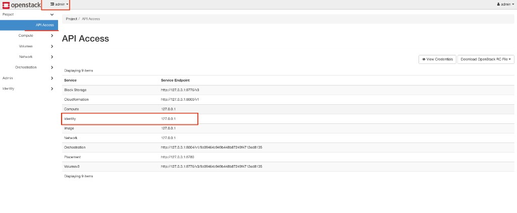 Screenshot: Horizon — Project API Access with Identity (Keystone) endpoint highlighted