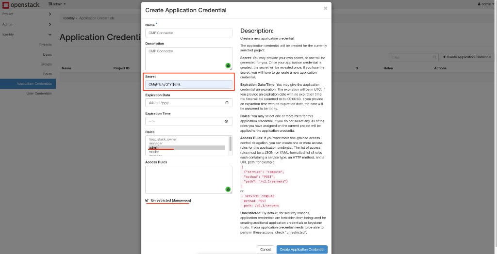 Screenshot: Horizon — Create Application Credential with admin role and Unrestricted enabled