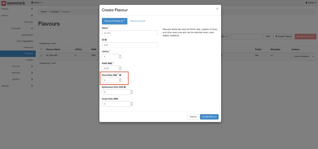 Screenshot: Horizon — Create Flavour with Root Disk set to 0