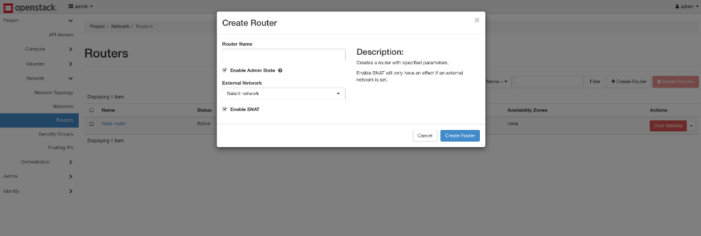 OpenStack Horizon — Create Router dialog
