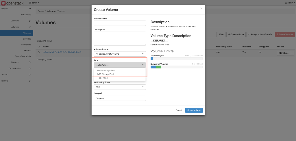 Screenshot: OpenStack Horizon — Cinder Volume Types