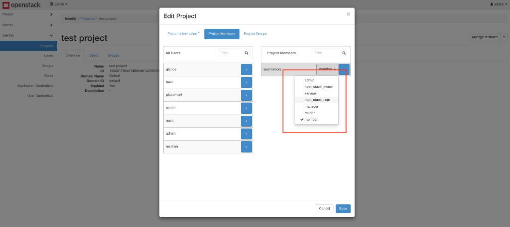 Screenshot: Horizon — Edit Project Project Members role dropdown