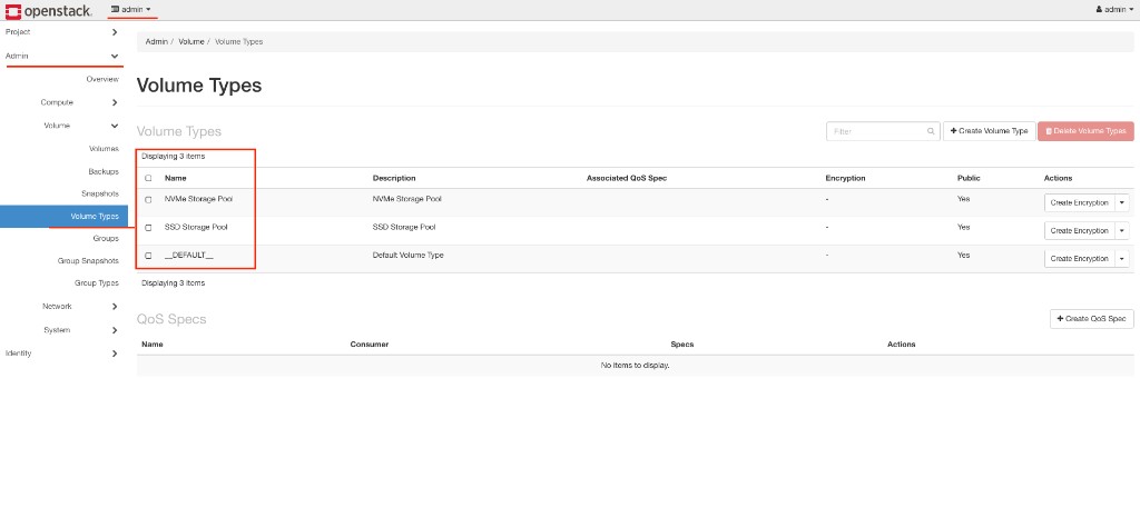 Screenshot: OpenStack Horizon — Volume Types list