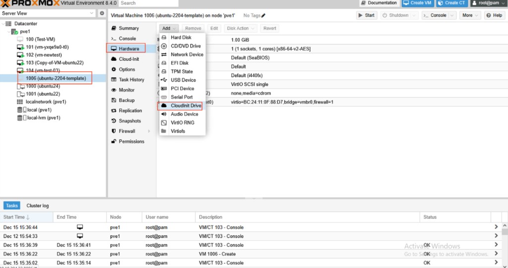 Screenshot: Proxmox — Add CloudInit Drive