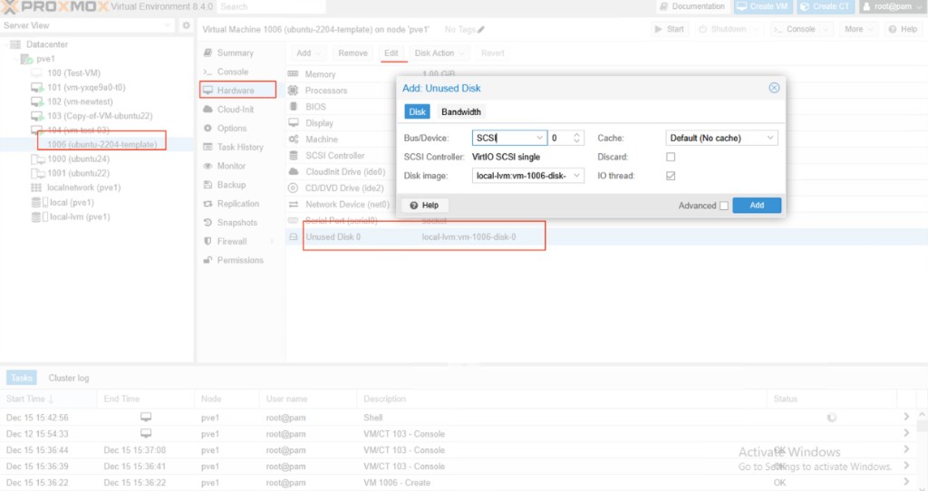 Screenshot: Proxmox — Add Unused Disk