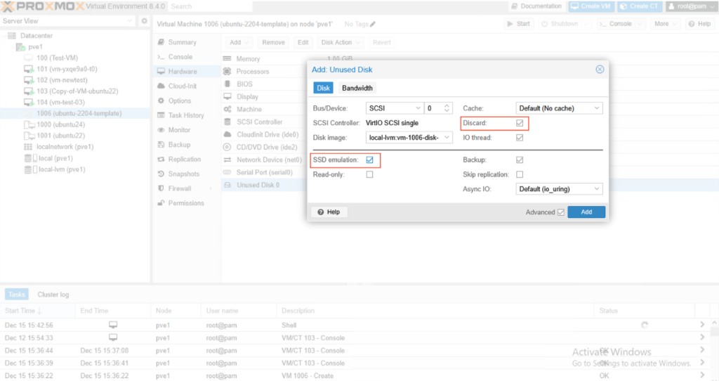 Screenshot: Proxmox — Add Unused Disk with SSD options