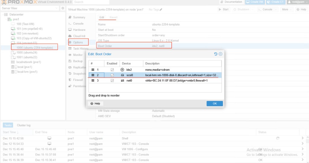 Screenshot: Proxmox — Boot Order