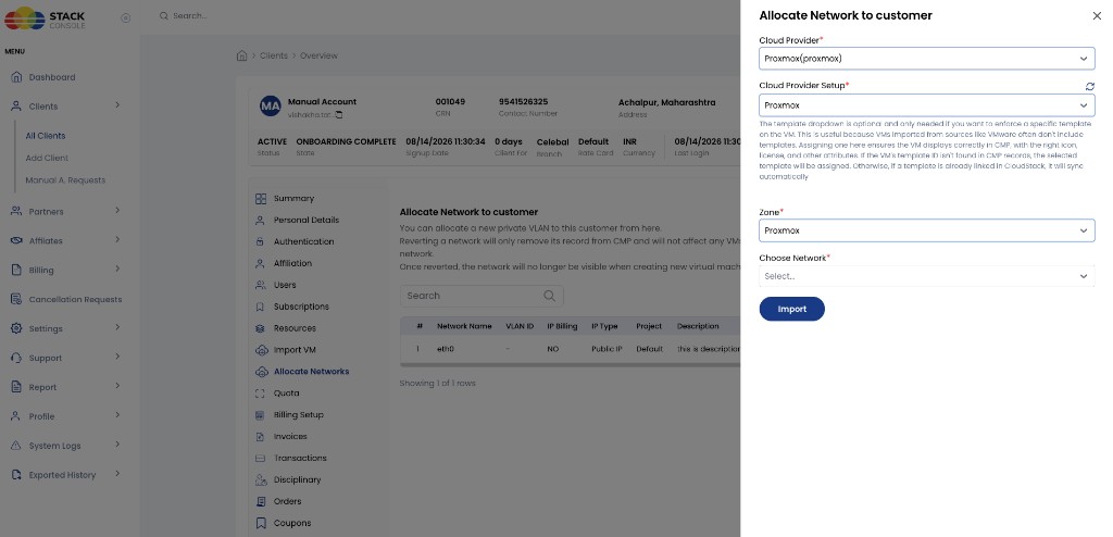 Screenshot: CMP — Allocate Network to customer drawer