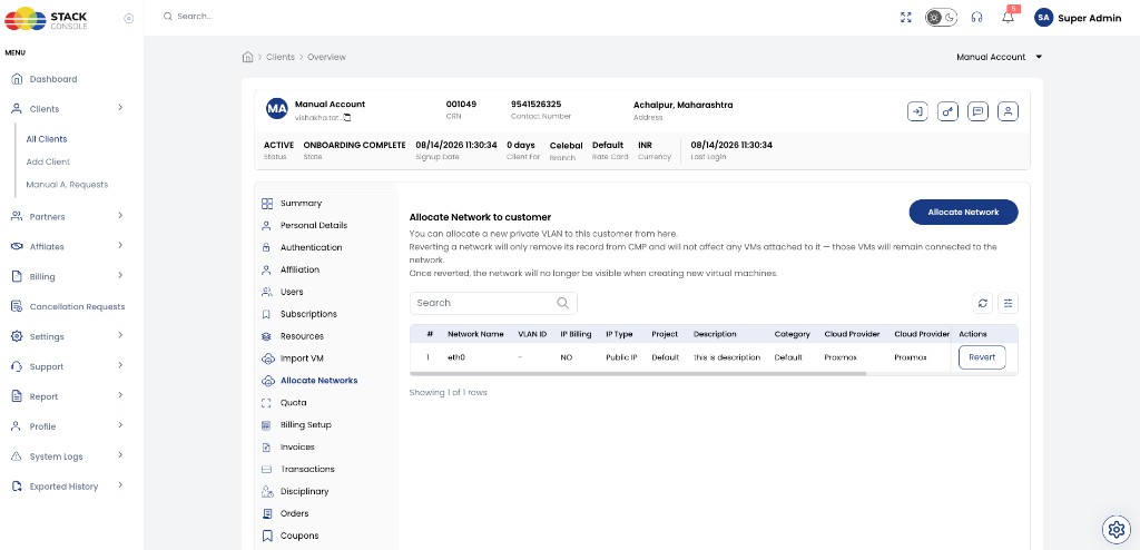 Screenshot: CMP — Allocate Networks on customer account