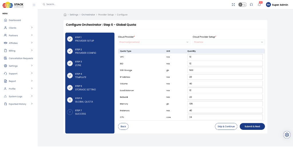 Screenshot: CMP — Step 6 Global Quota for Proxmox