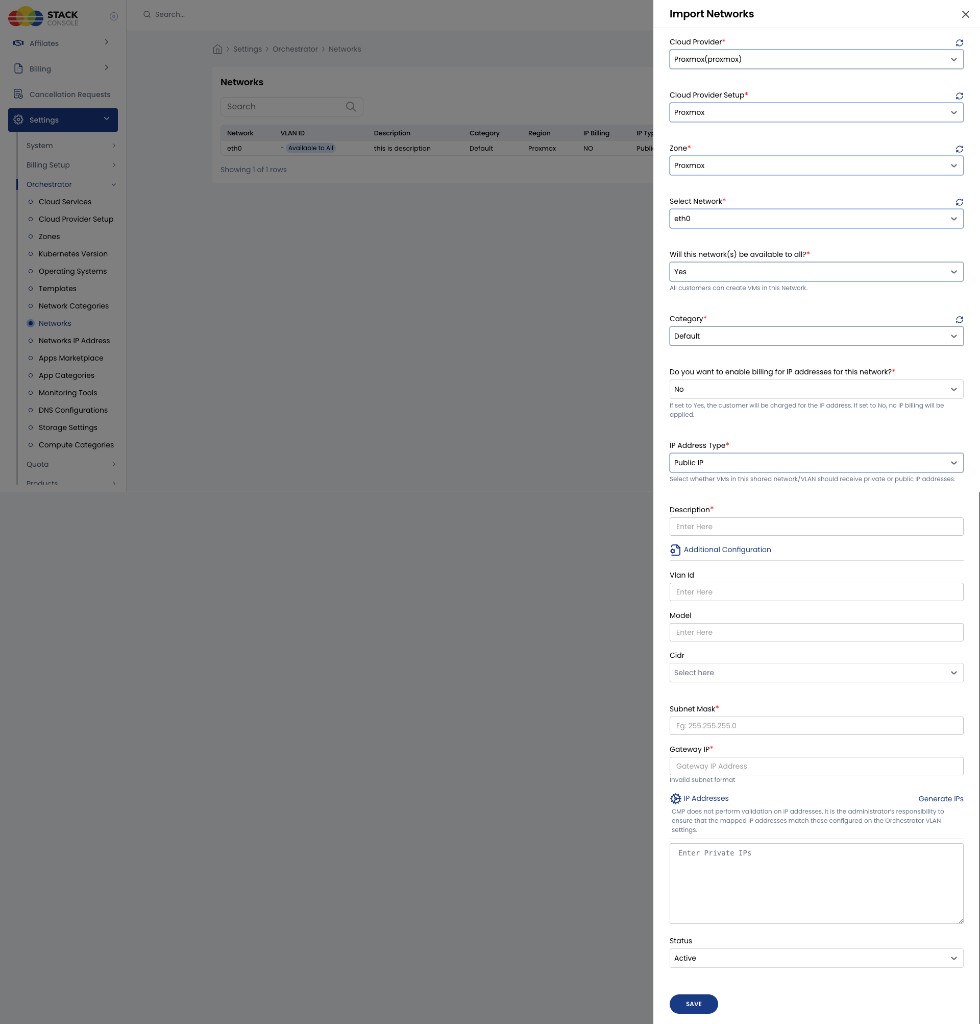 Screenshot: CMP — Import Networks form for Proxmox