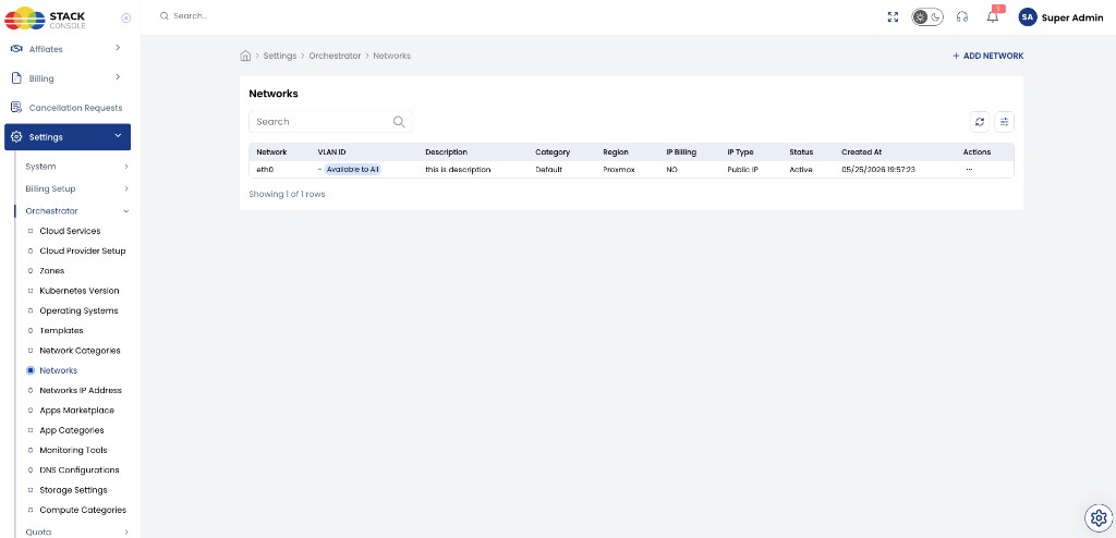 Screenshot: CMP — Networks list (Proxmox vmbr0)