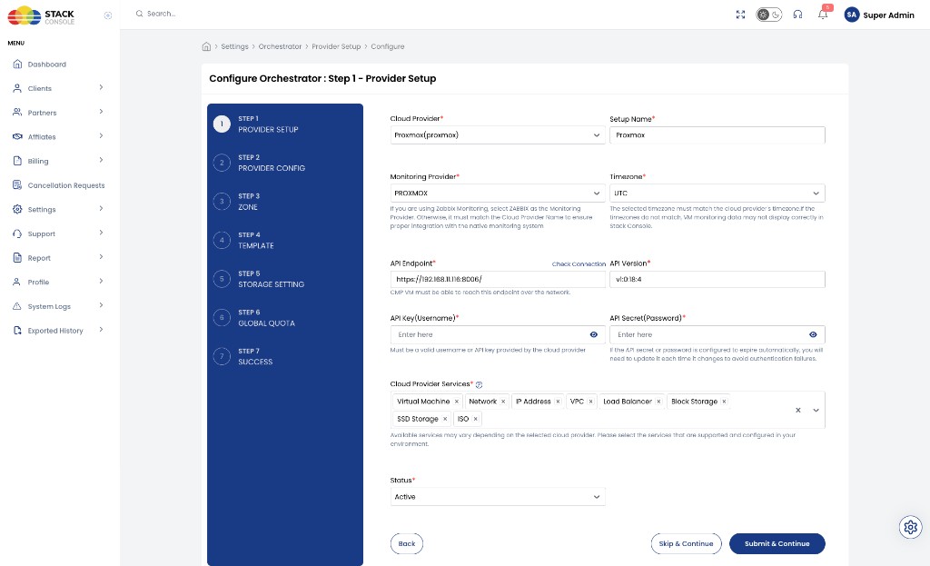 Screenshot: CMP — Configure Orchestrator Step 1 Provider Setup for Proxmox