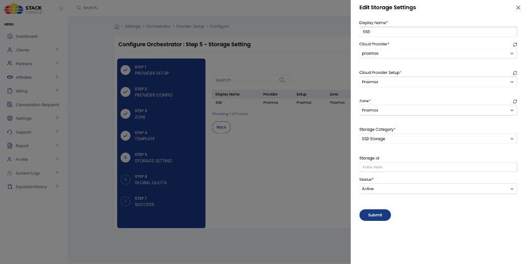Screenshot: CMP — Step 5 Edit Storage Settings for Proxmox