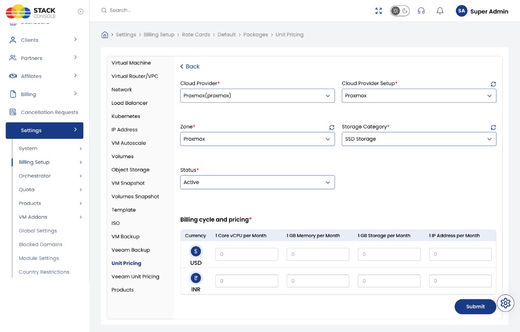 Screenshot: CMP — Unit Pricing configuration form for Proxmox