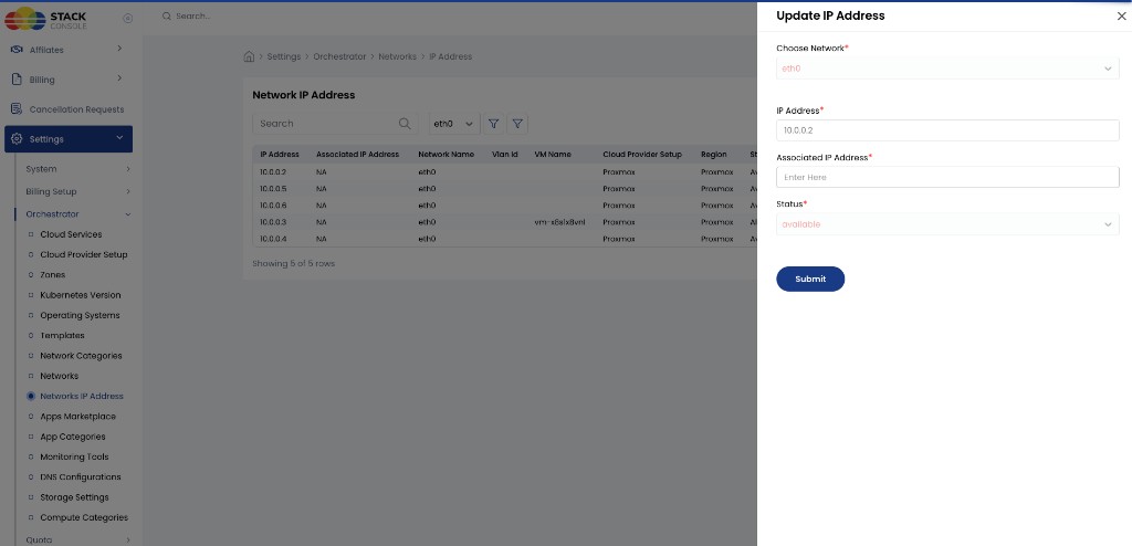Screenshot: CMP — Update IP Address drawer