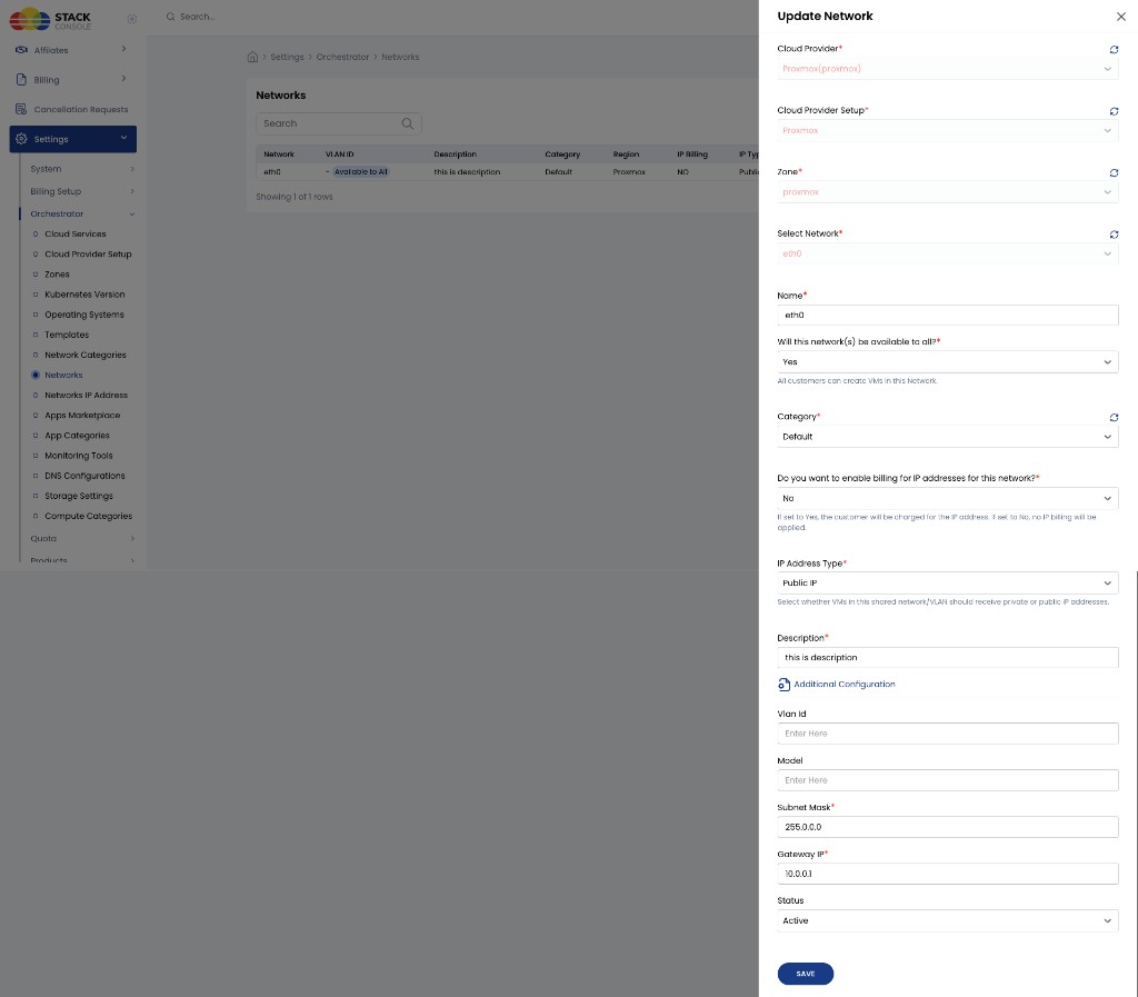 Screenshot: CMP — Update Network form for Proxmox