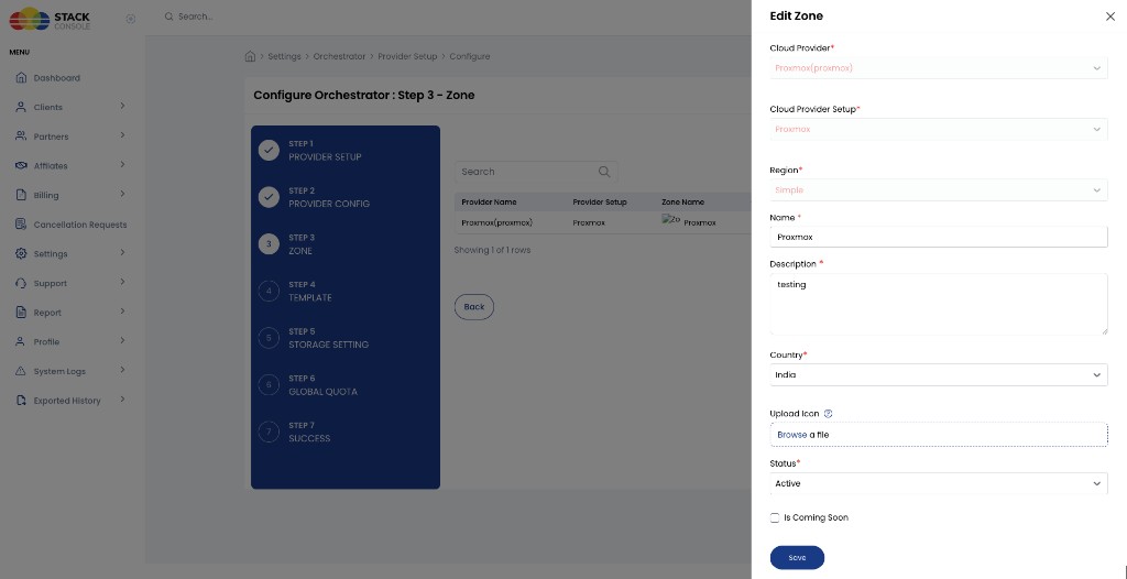 Screenshot: CMP — Step 3 Zone with Edit Zone drawer for Proxmox