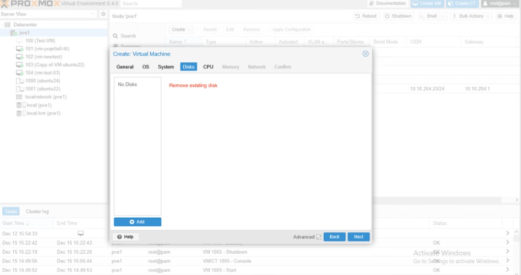 Screenshot: Proxmox — Create VM Disks, no disks