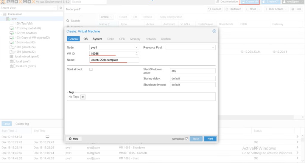 Screenshot: Proxmox — Create VM General