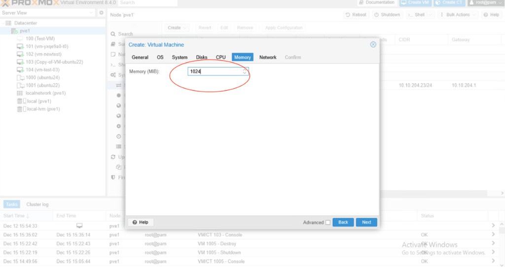 Screenshot: Proxmox — Create VM Memory