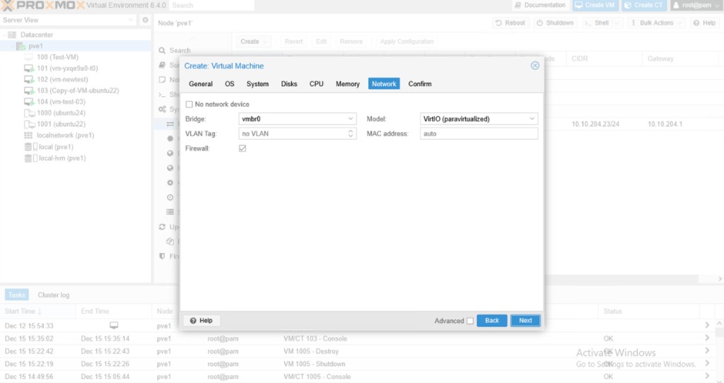Screenshot: Proxmox — Create VM Network