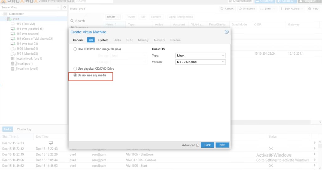 Screenshot: Proxmox — Create VM OS, no media
