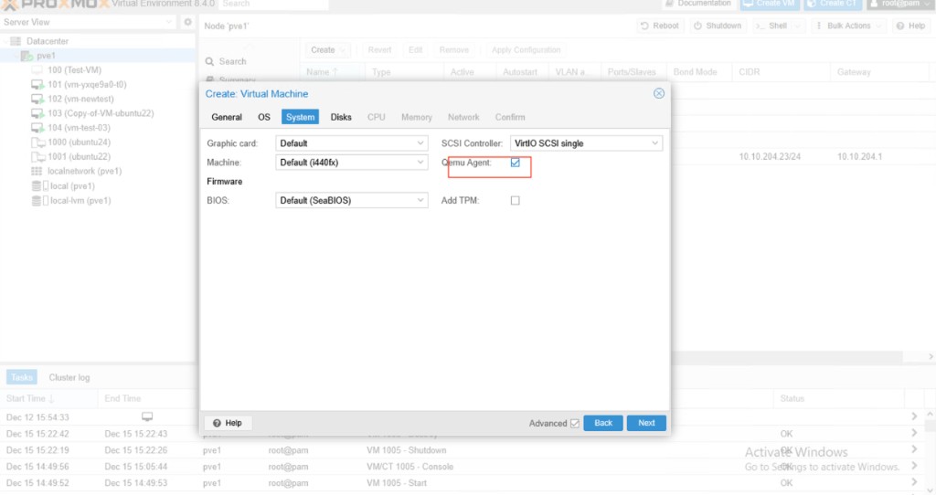 Screenshot: Proxmox — Create VM System, Qemu Agent