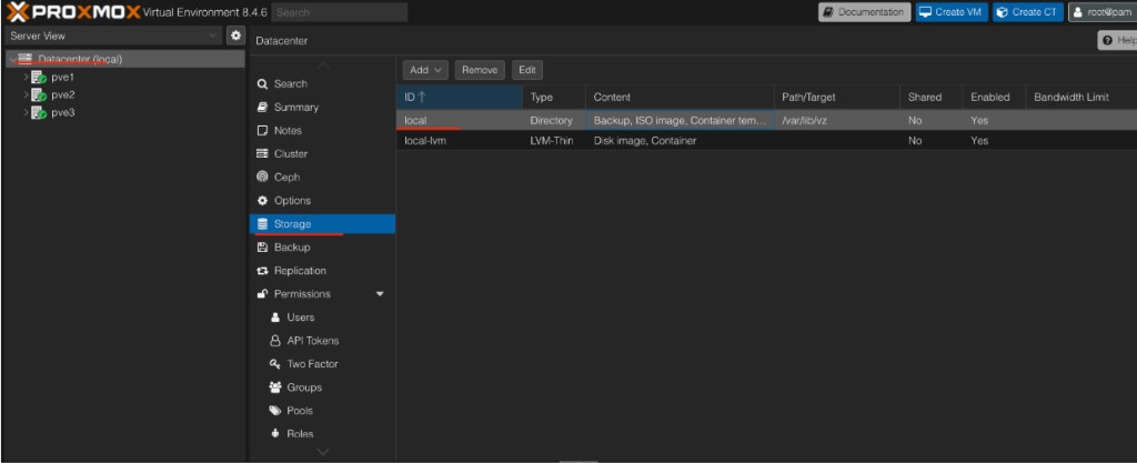 Screenshot: Proxmox — Datacenter Storage (local, local-lvm)