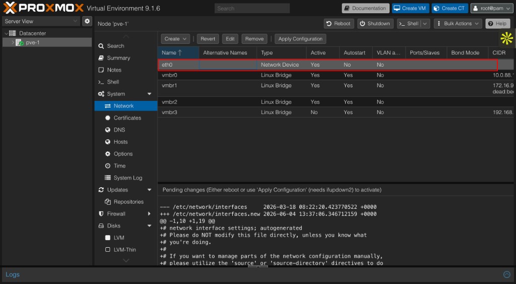 Screenshot: Proxmox — Node Network showing eth0 (Network Device) vs vmbr* (Linux Bridge)