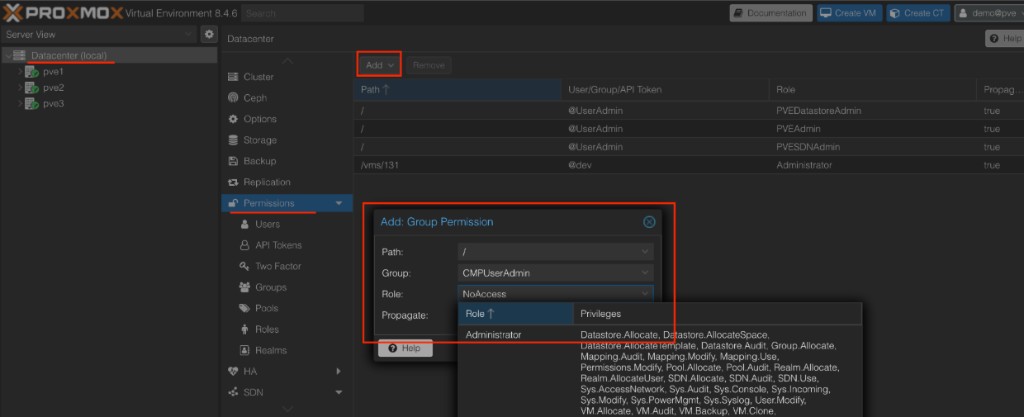 Screenshot: Proxmox — Add Group Permission at path /