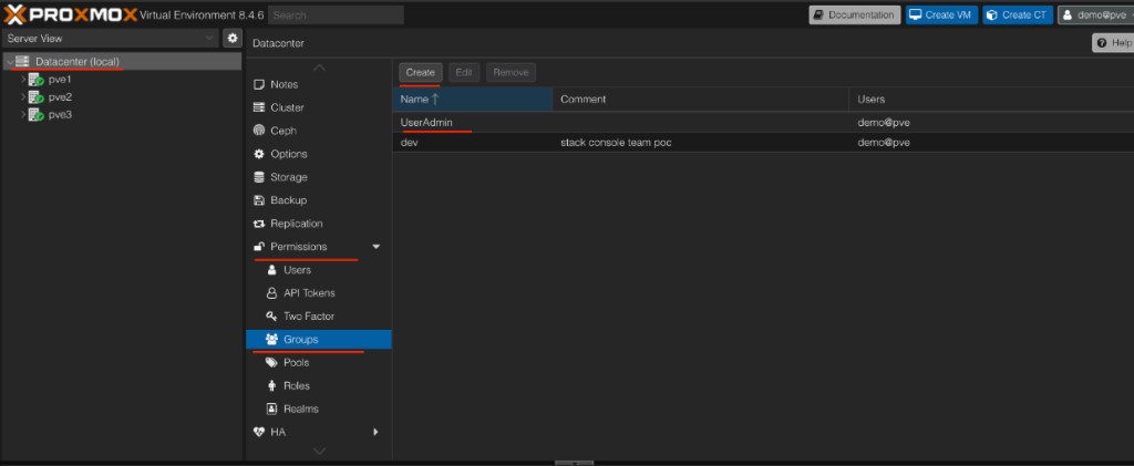 Screenshot: Proxmox — Datacenter Permissions Groups (UserAdmin)