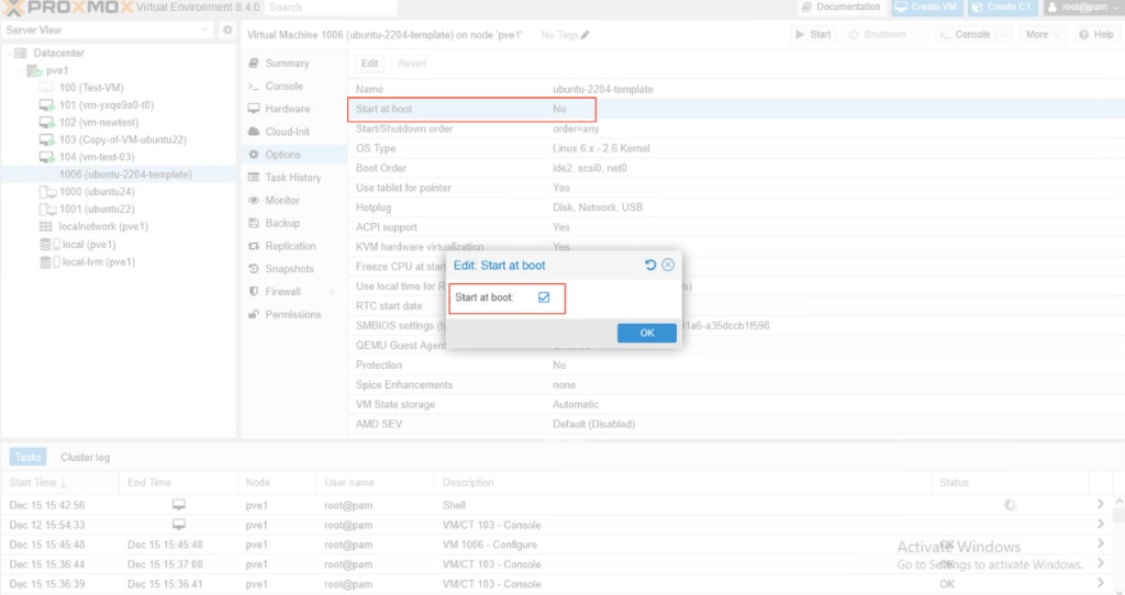 Screenshot: Proxmox — Start at boot