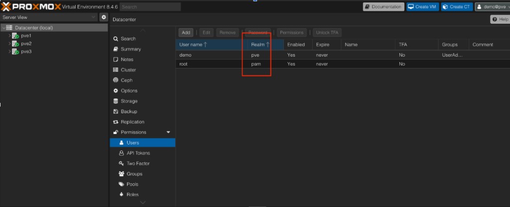Screenshot: Proxmox — Users list with Realm column (pve)